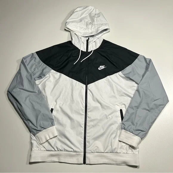 Nike Men's Sportswear Windbreaker Hooded Jacket White Black Grey Size Large - Picture 2 of 8
